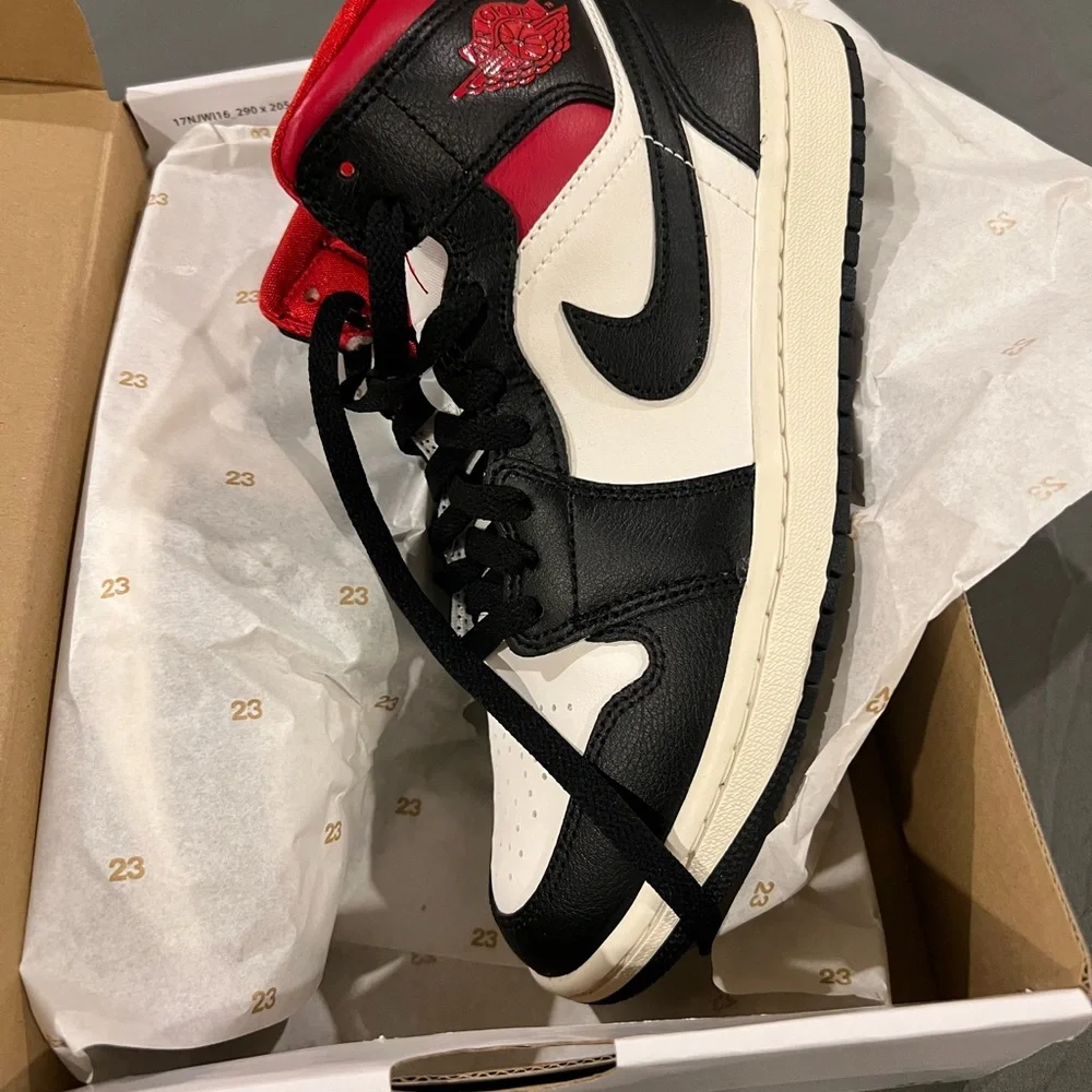 Air Jordan 1 Mid Black White Red Sneakers - Picture 2 of 2